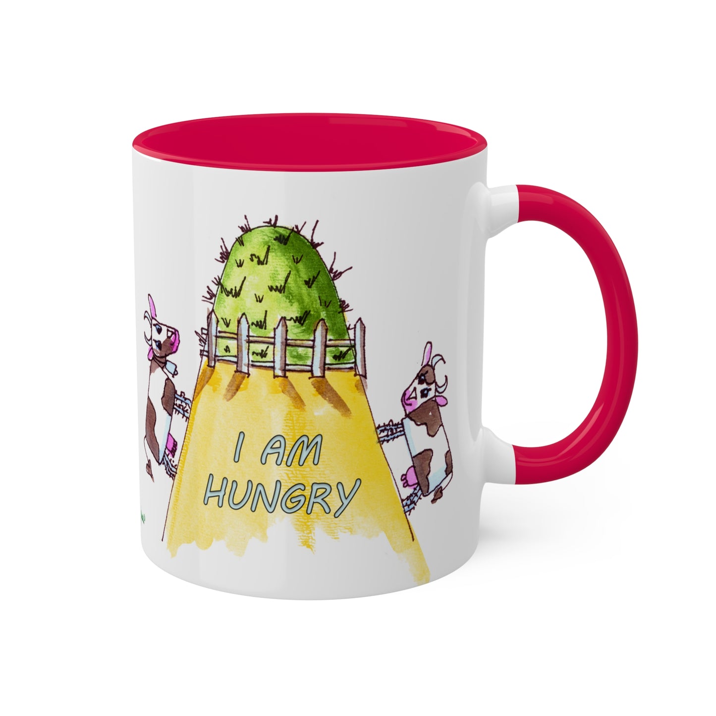 Cow, "The grass is always greener" - I am Hungry, Colorful Mugs in 4 colors, 11oz By Artist Marie Frederique