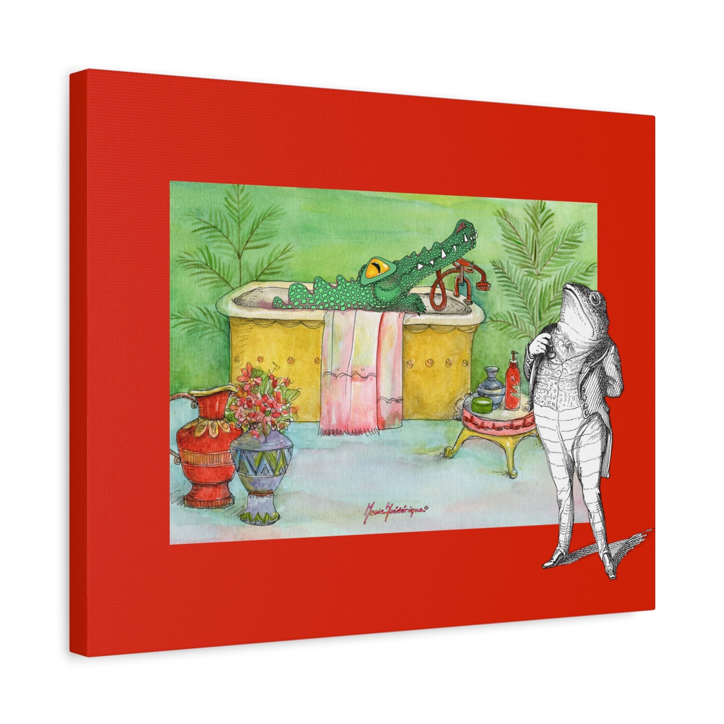 Funny Alligator Bath Canvas Wall Art — Whimsical Animal Bathroom Decor by artist Marie Frederique