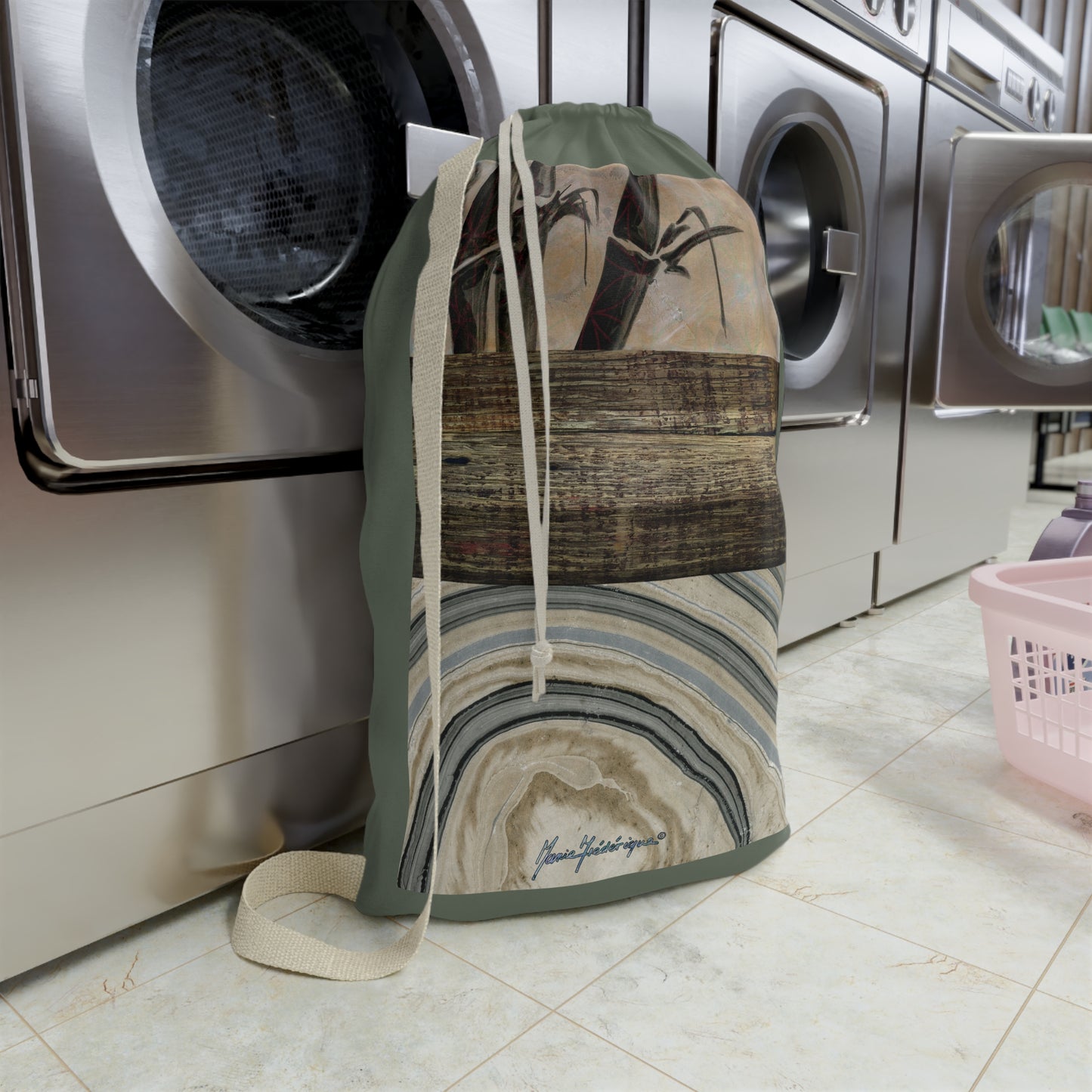 Elegant Designer Laundry Bag - Rustic Bamboo & Agate Print Drawstring Hamper by artist Marie Frederique