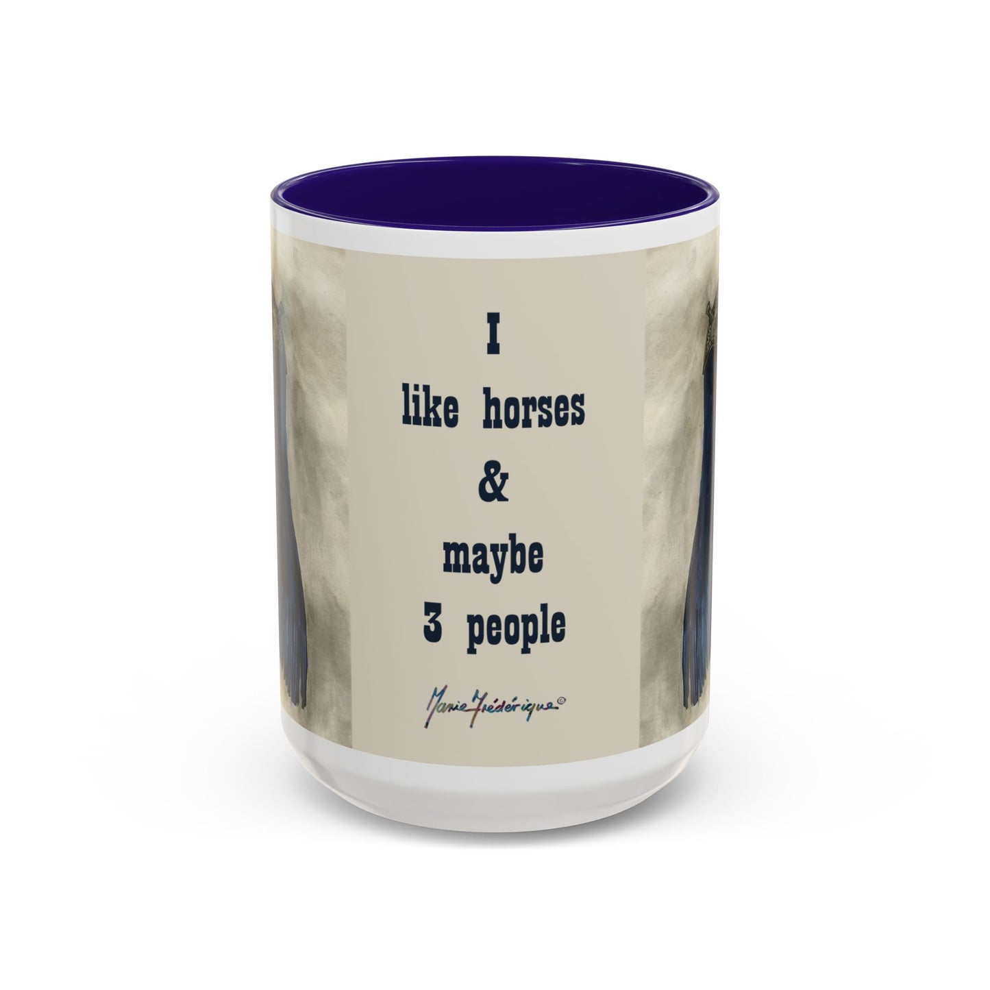 I like horses and maybe 3 people, Blue Chaps Western Equitation Colorful Mug by Artist Marie Frederique