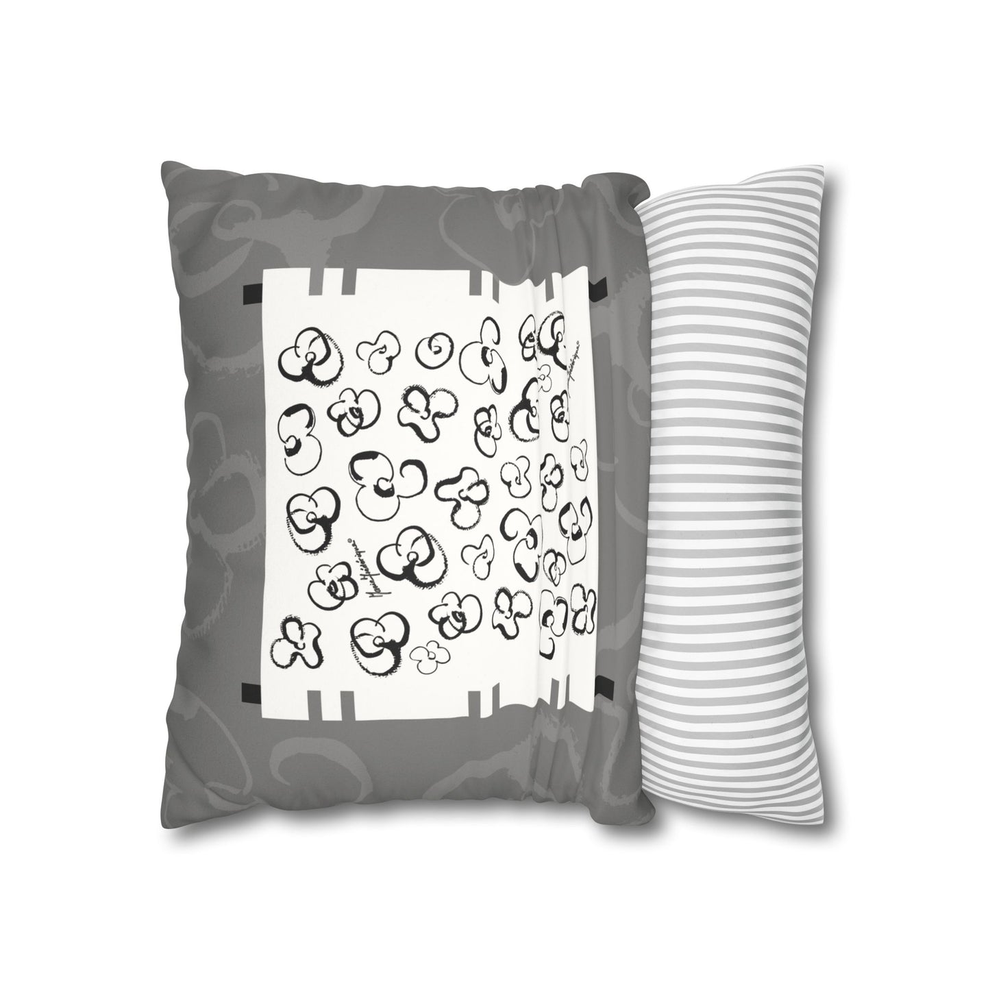 Black, White and Gray Floral Pop Art Faux Suede Pillowcase by artist Marie Frederique