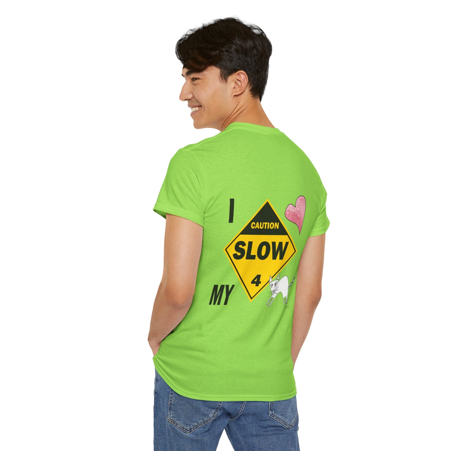 Slow, Caution - I love my cat, Tee Unisex Heavy Cotton Tee by artist Marie Frederique