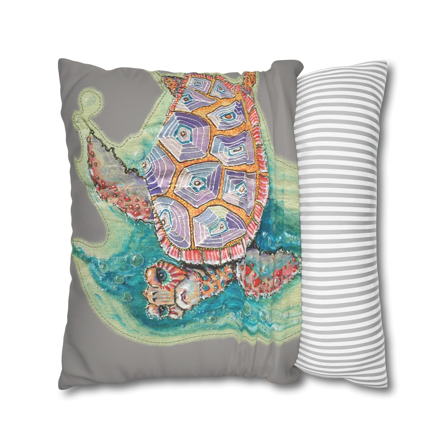 Sea Turtle Faux Suede Pillowcase — Colorful Coastal Throw Pillow Cover by artist Marie Frederique