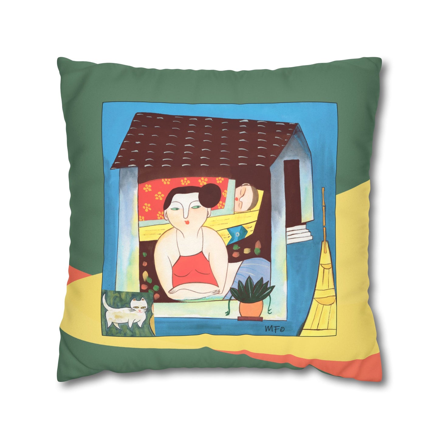 Village scenes, Faux Suede Pillowcase — Colorful Retro Home Decor by artist Marie Frederique