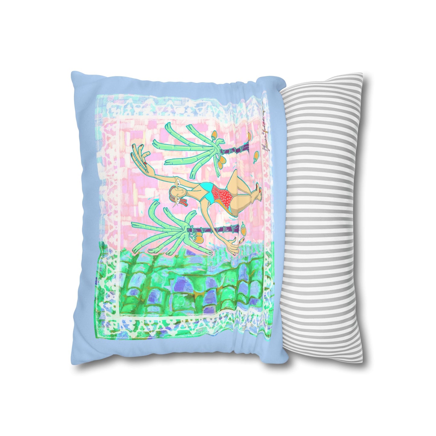 Tropical Dancer Faux Suede Pillowcase — Pastel Palm Beach Decorative Pillow Cover by artist Marie Frederique