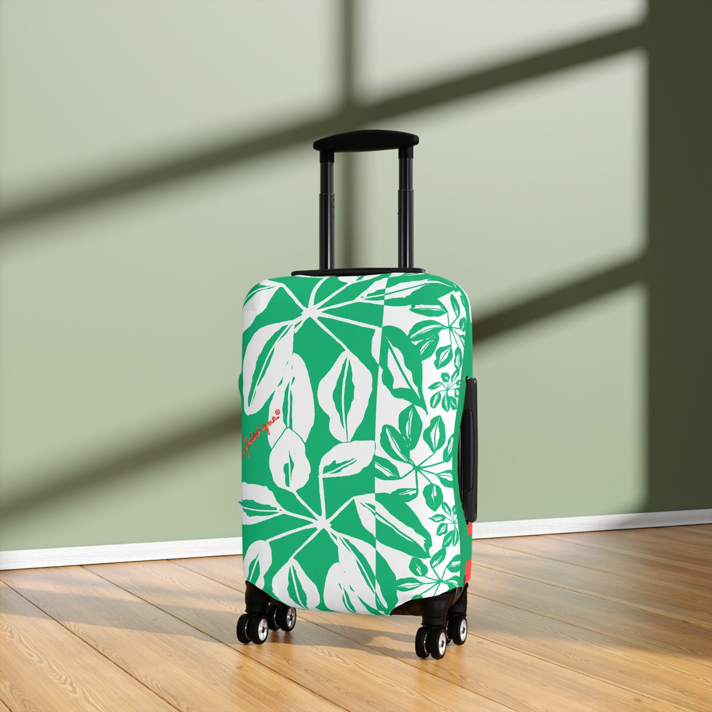Luggage Cover, Tropical leaves in Green and White by artist Marie Frederique