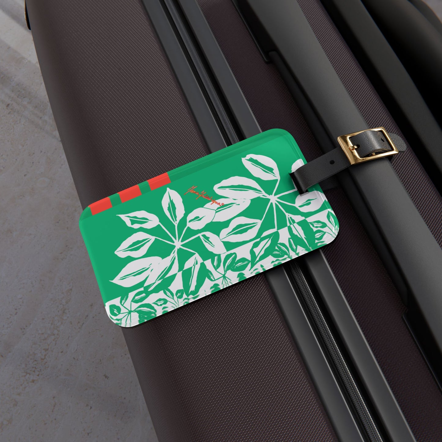 Luggage Tag, Tropical Leaves in Green, White & Tangerine by artist Marie Frederique