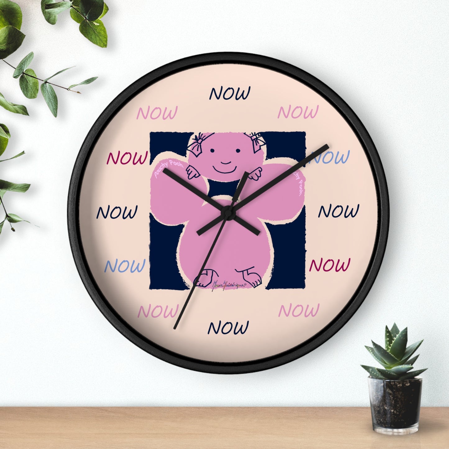 NOW - Wall Clock Pouchy Pooh (Pronounced Puchi Poo) in pink and navy by Artist Maria Frederique