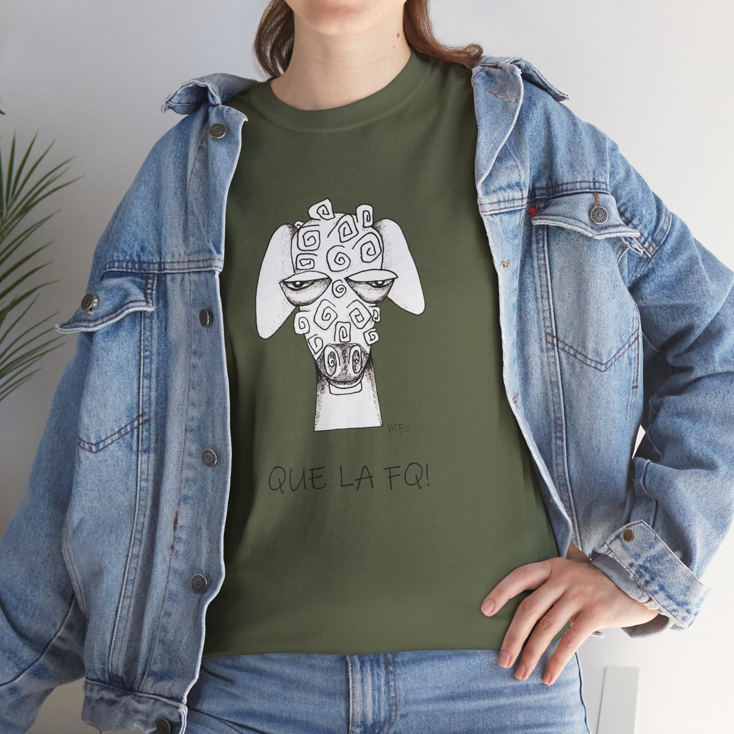 Adult Humor "QUE LA FQ!" with a whimsical drawing of a sheep's face - Unisex Heavy Cotton Tee by artist Marie Frederique