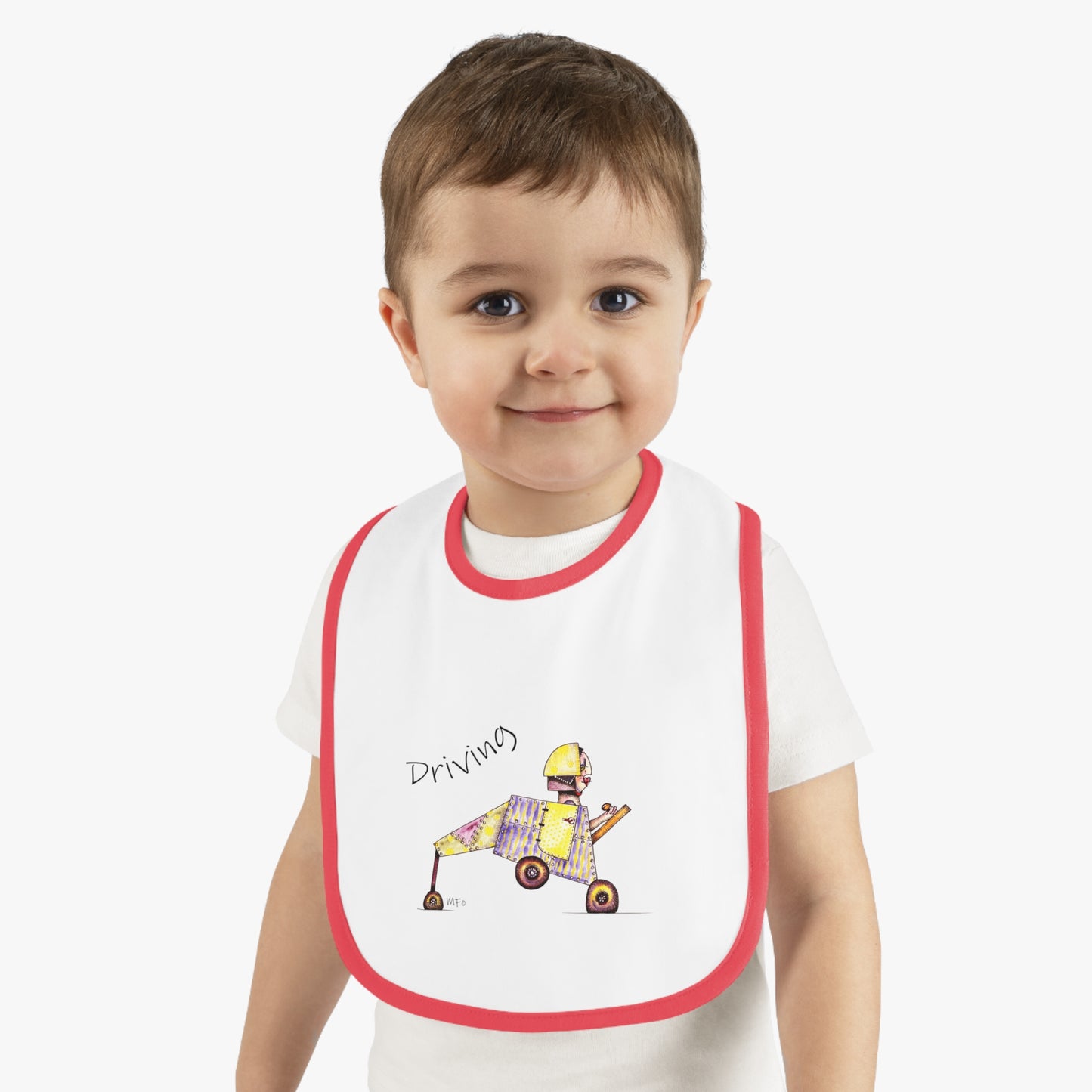 Driving - Super Cute Whimsical Designer Baby Contrast Trim Jersey Bib by artist Marie Frederique