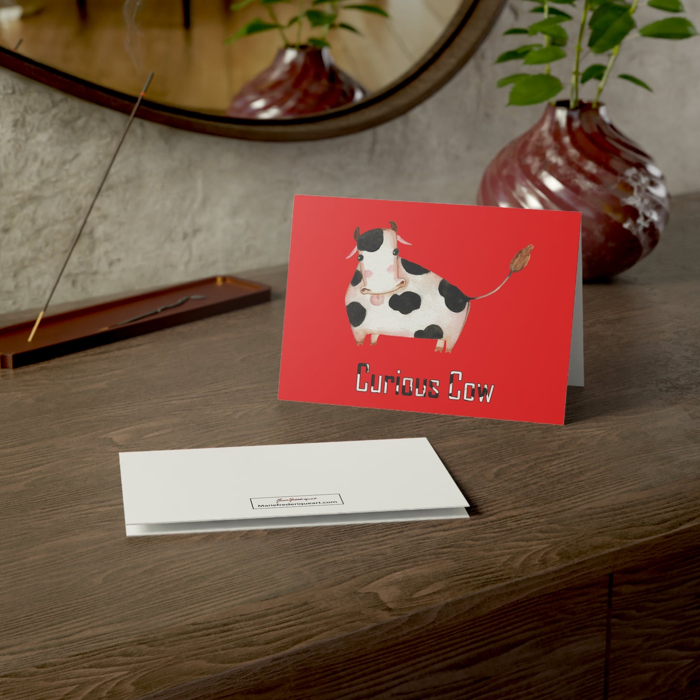 Cow - Curious Cow in red, blank Greeting Card by Artist Marie Frederique