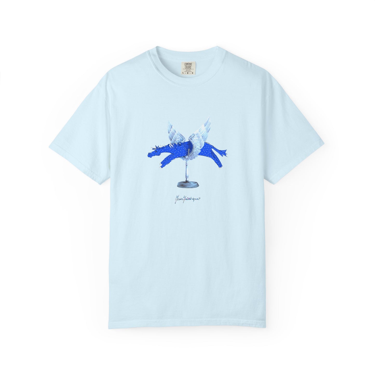 Winged Blue Horse Graphic T-Shirt — "Love Conquers" Equestrian Art Tee by artist Marie Frederique