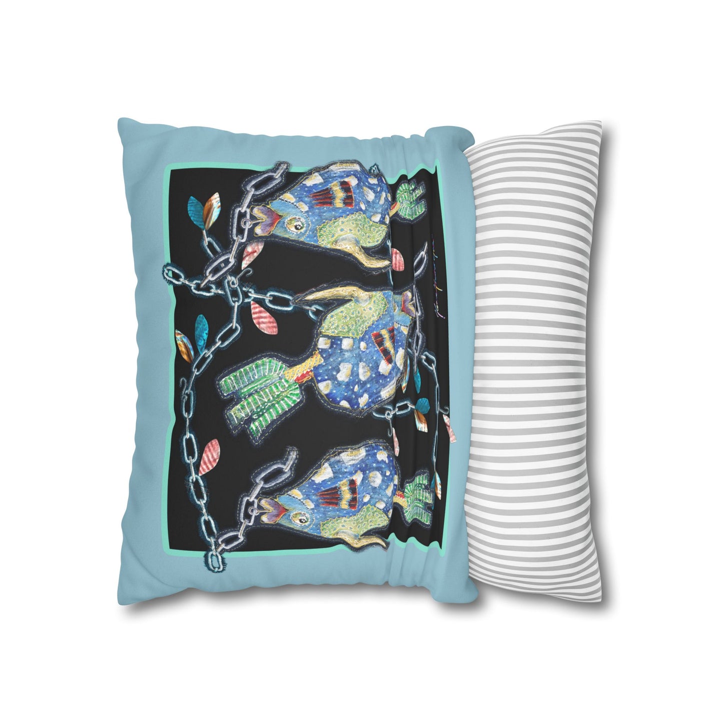 Fishing Faux Suede Pillowcase — Colorful Folk Art fish by artist Marie Frederique