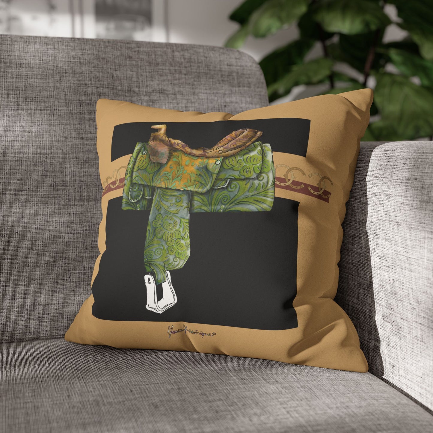 Cowboy Saddle Faux Suede Pillowcase — Western Decor Accent by artist Marie Frederique