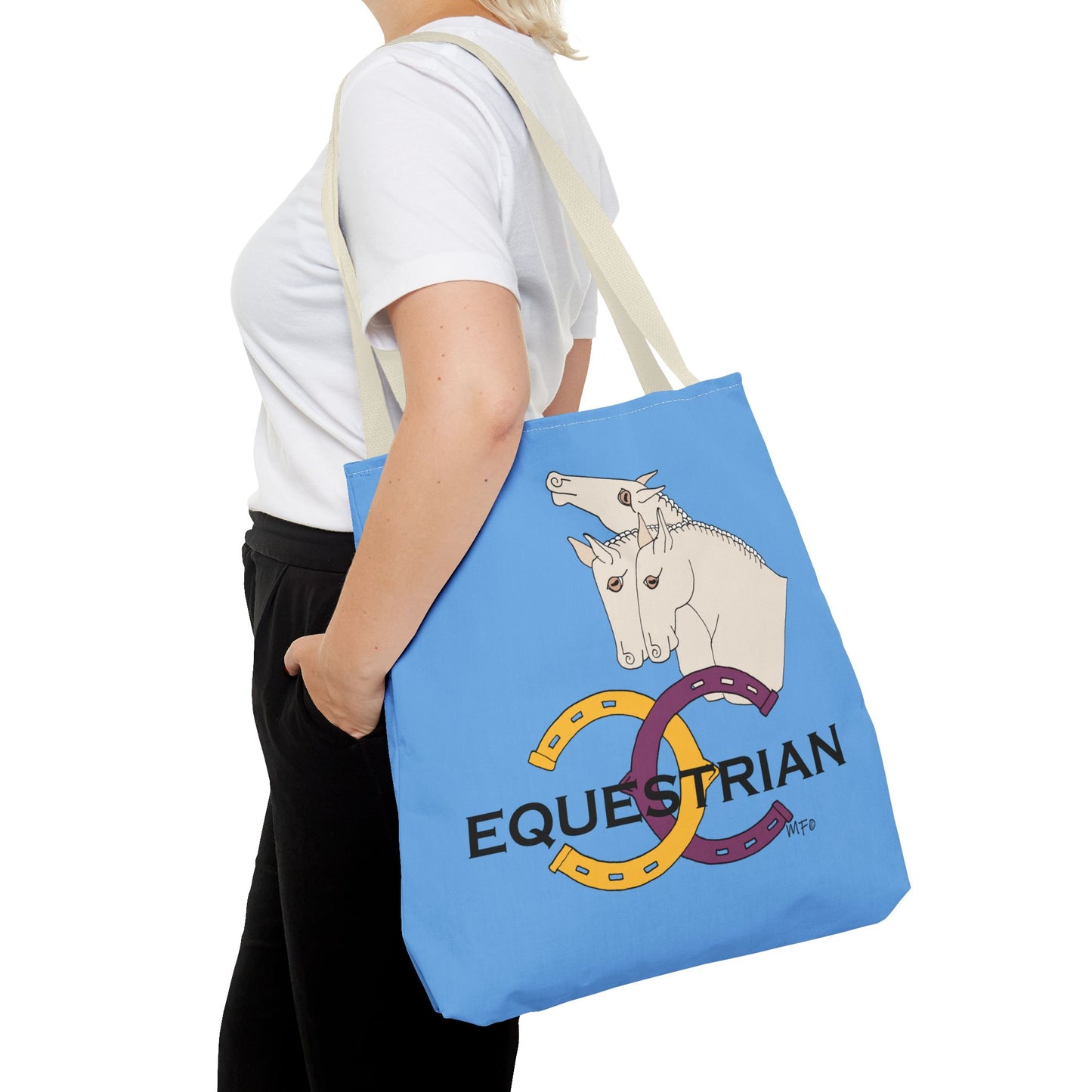 EQUESTRIAN CTS, Light Blue Tote Bag in 3 sizes and black or beige handles by artist Marie Frederique