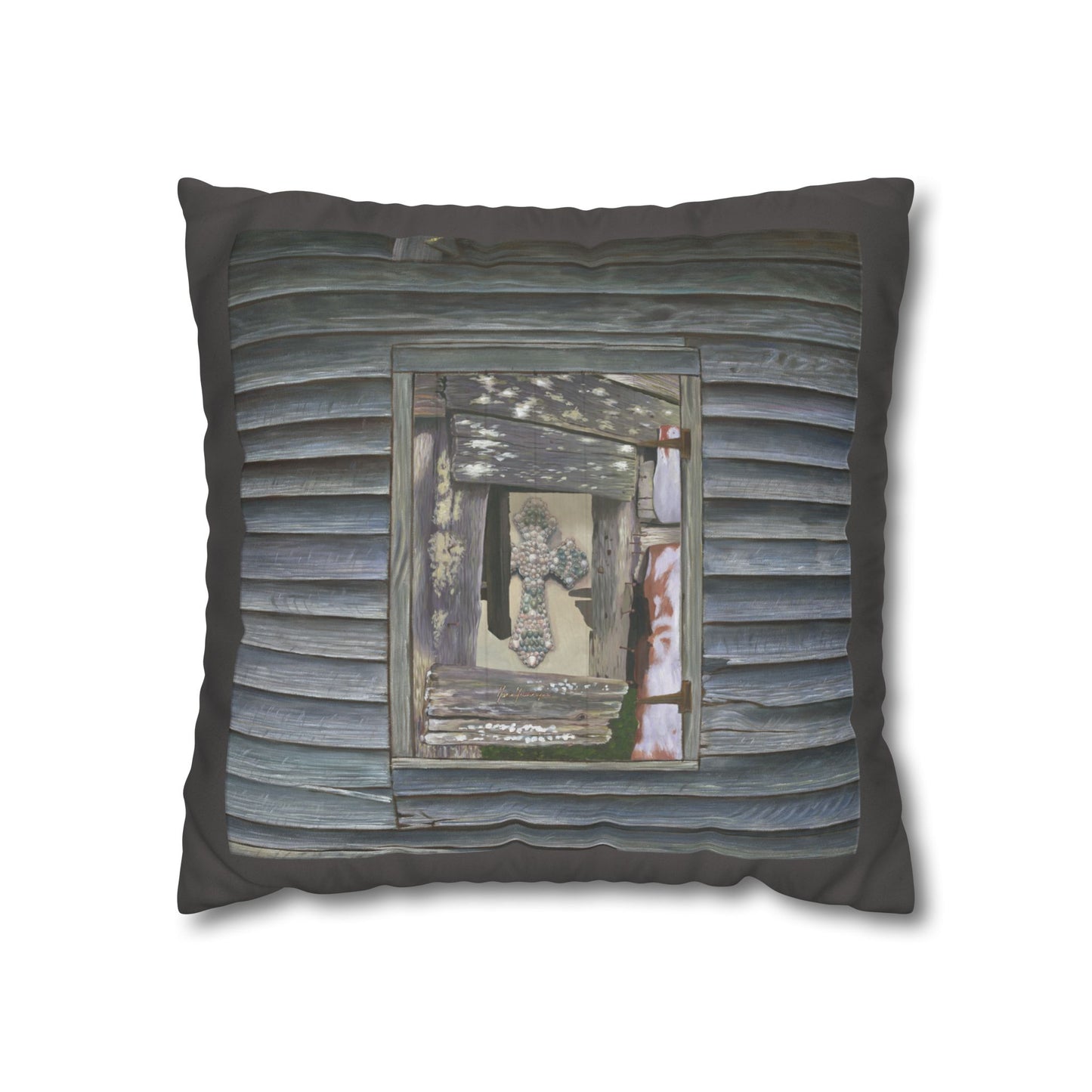 Christian Faux Suede Pillowcase — Driftwood Cabin Log Wall Throw Pillow Cover by artist Marie Frederique