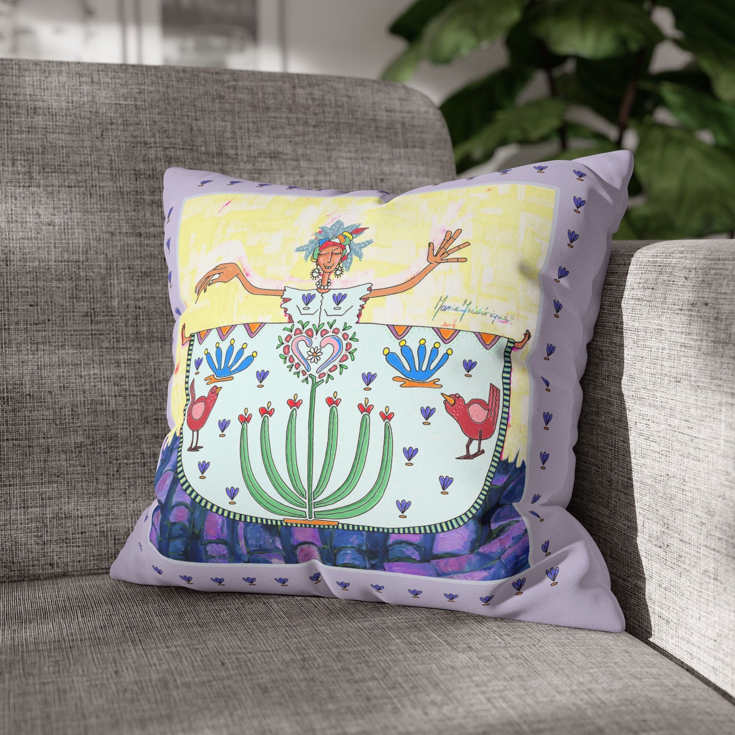 Chic Island Lavender Folk Art Pillowcase — Colorful Woman & Floral Motif Faux Suede Square Pillow by artist Marie Frederique