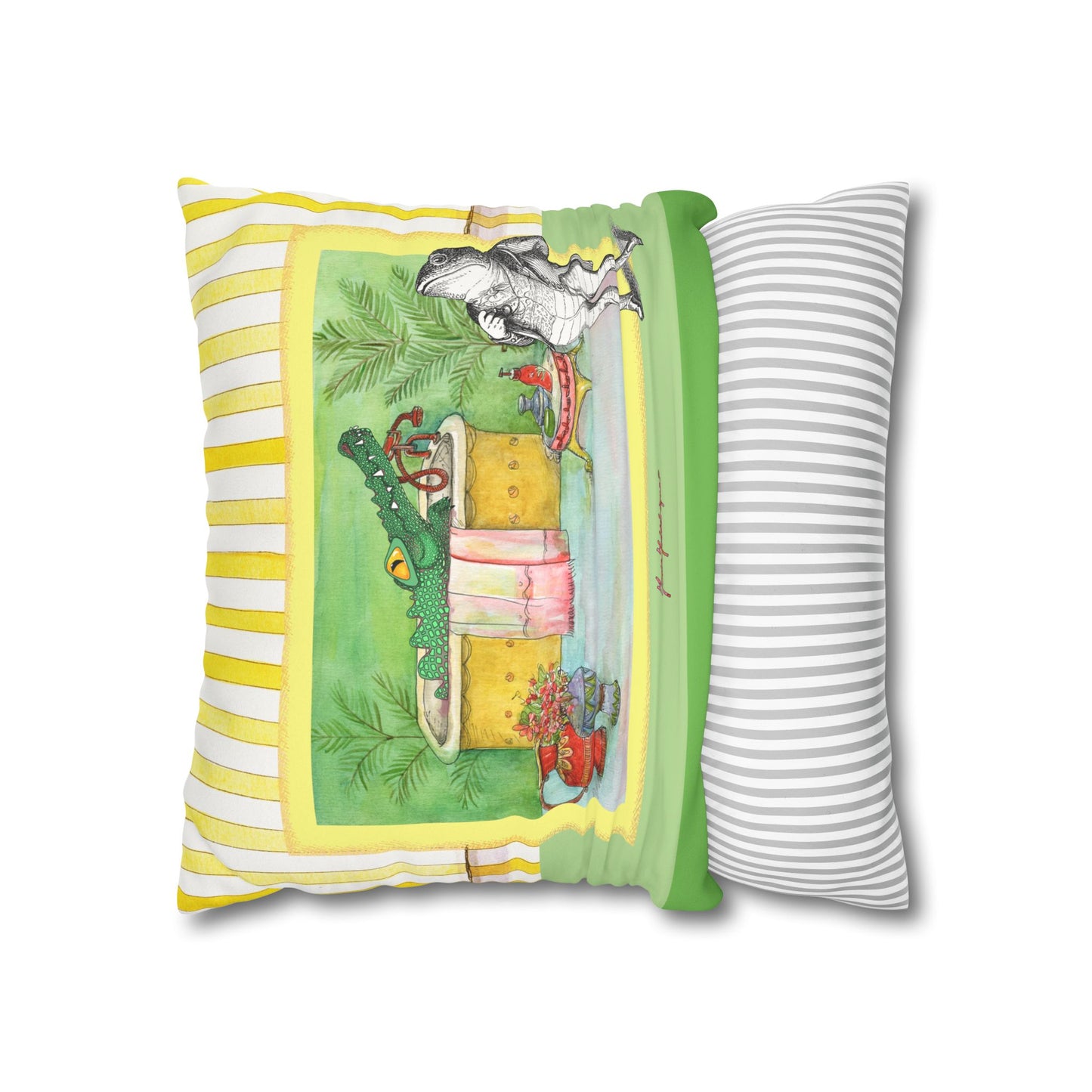 Alligator Bathtub Illustration Throw Pillowcase — Whimsical Bathroom Art Decor by artist Marie Frederique