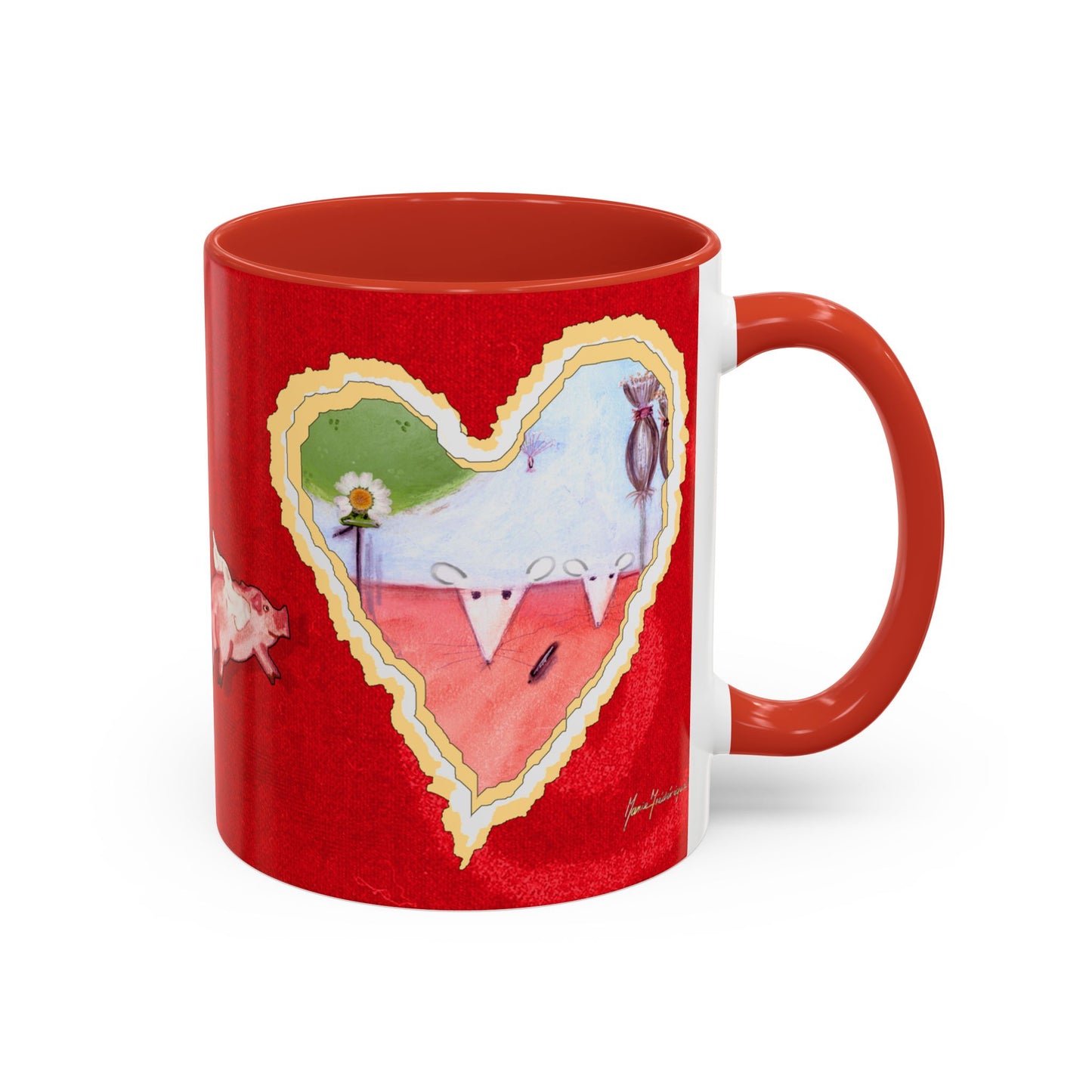 Valentine Watermelon wishes with flying pig - Accent Coffee Mug (11, 15oz) by artist Marie Frederique