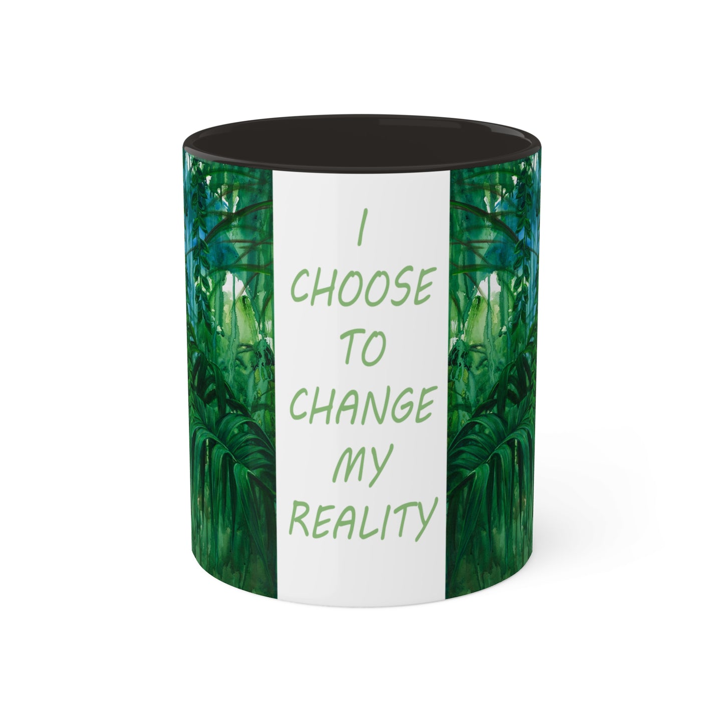 Planet Earth - Jungle Mug "I choose to change my reality" in 5 colors, Red, Black, Yellow, Light Green and Cambridge Blue, 11oz By Artist Marie Frederique