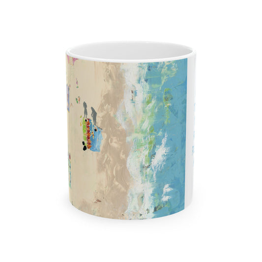 Ariel view of sunbathers on the beach, Ceramic Mug, 11oz by Artist Marie Frederique