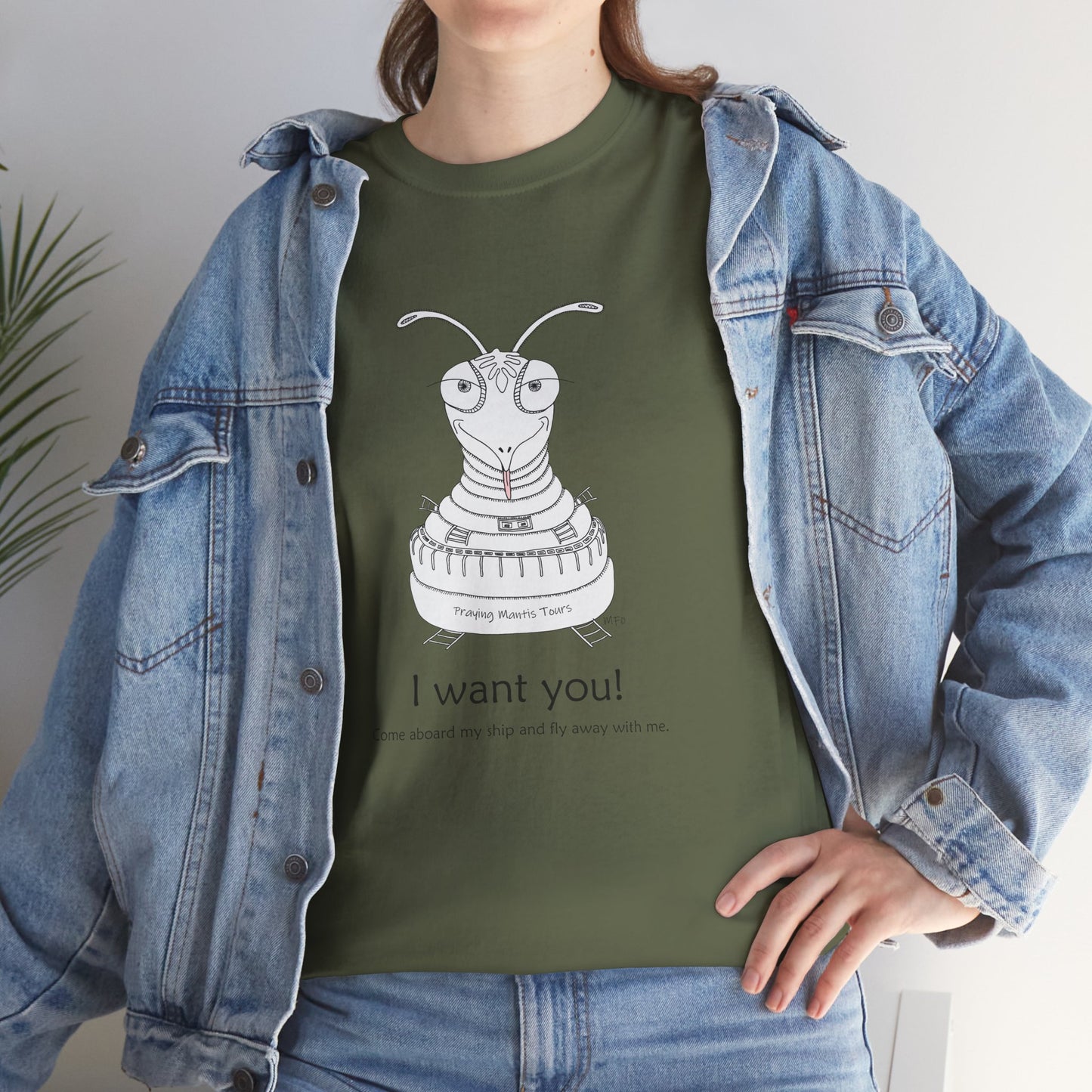 Funny Praying mantis Graphic Tee - 'I Want You!' Unisex Heavy Cotton Shirt by artist Marie Frederique