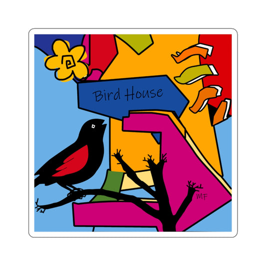 Dog Box series, Multicolored Graphic Bird house sticker by artist Marie Frederique