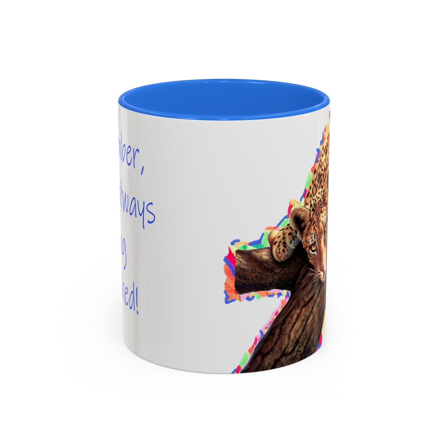 Leopard in a tree, "Remember, you're always being watched!" Mug by Artist Marie Frederique