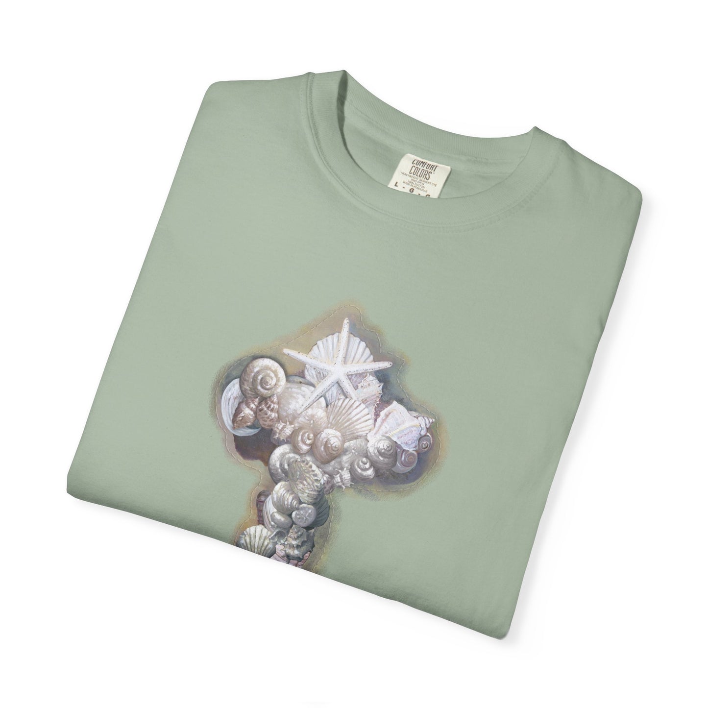 Cross of seashells, Coastal Graphic T-Shirt by artist Marie Frdeerique