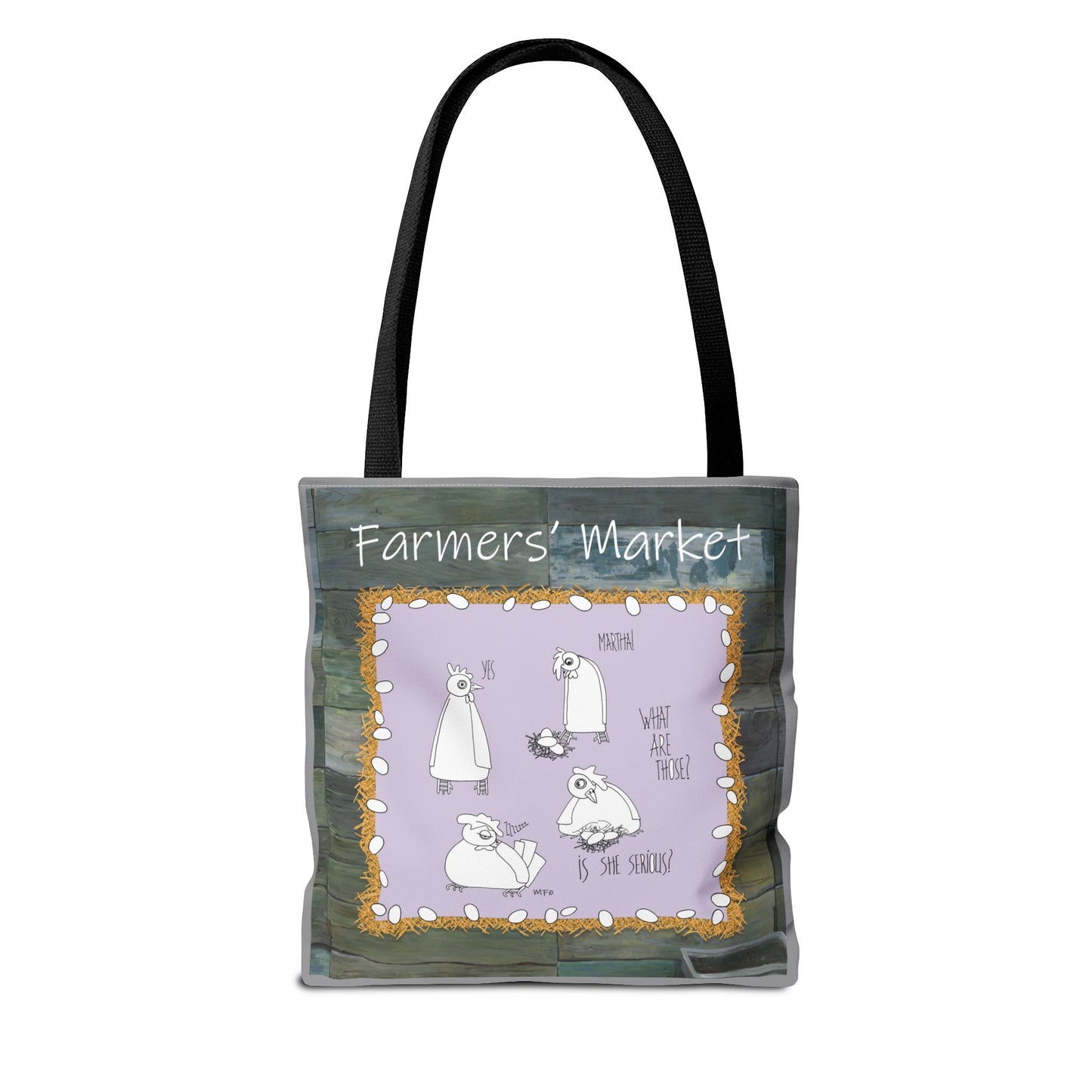 Farmers' Market Funny Chicken Tote Bag - Quirky Design with Chickens & Humor by artist Marie Frederique