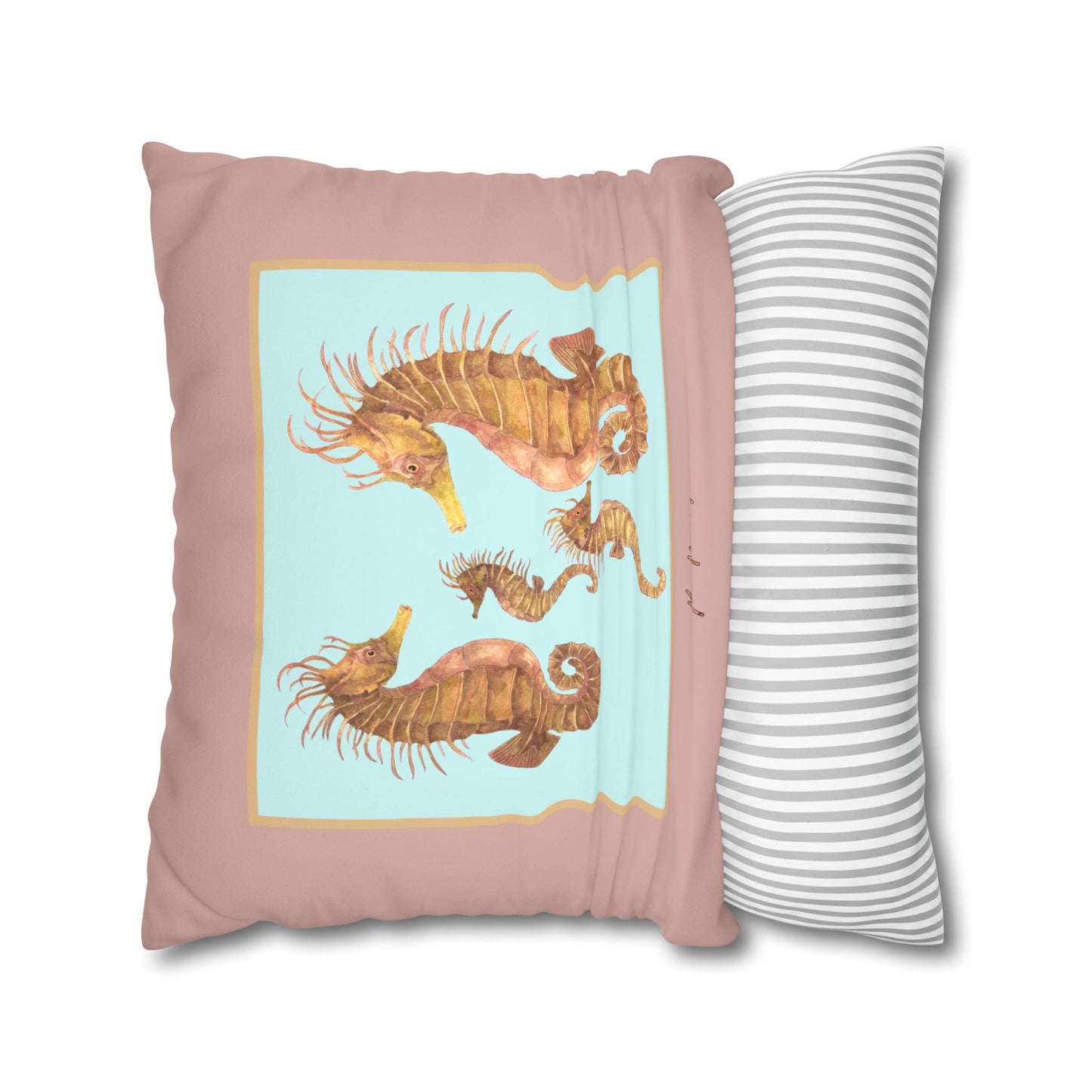 Seahorse Family Faux Suede Pillowcase – Coastal Decorative Throw Pillow by artist Marie Frederique