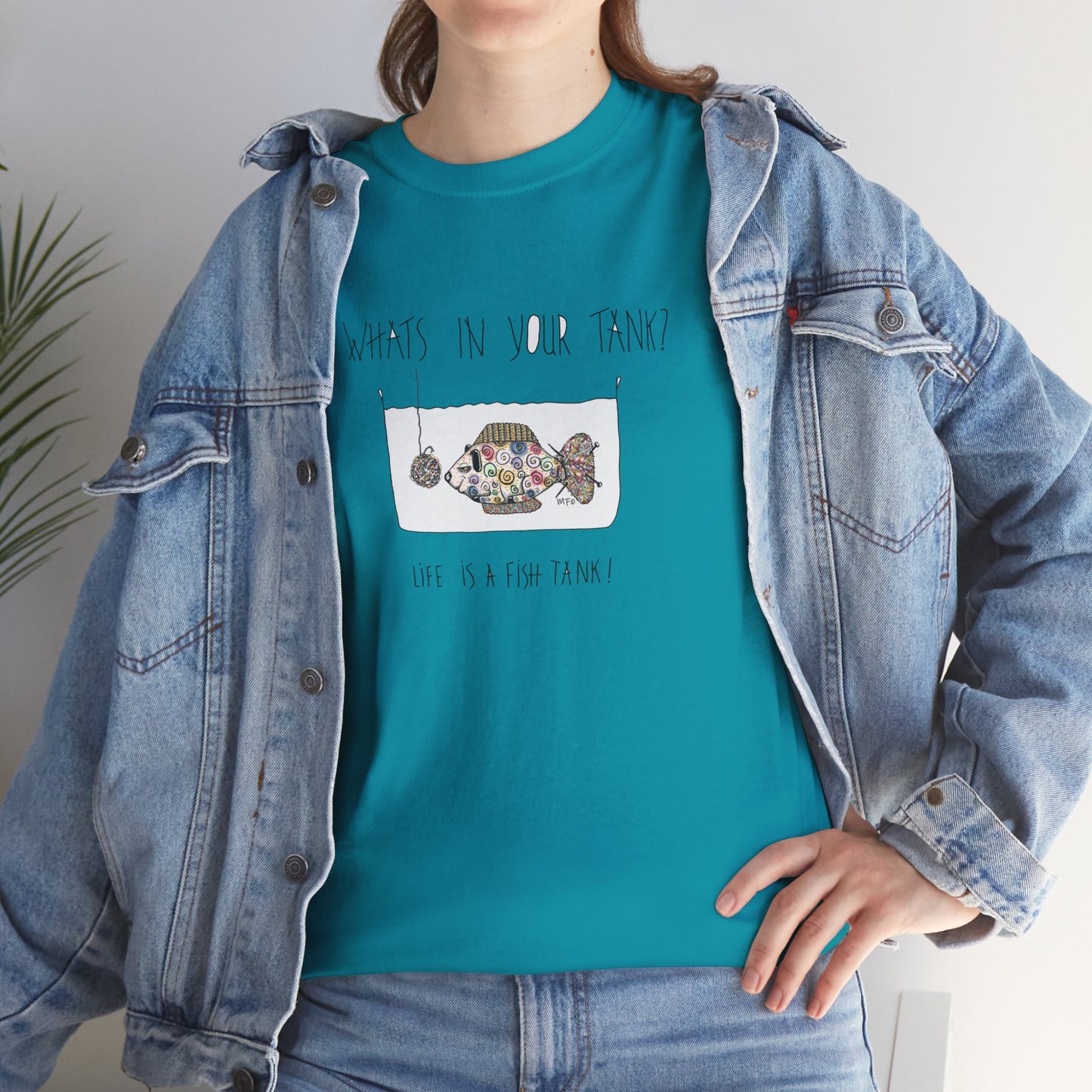 Life is a Fish Tank Collection, "What's in your tank?  Sheep Fish with a dangling ball of wool in front of it. Unisex Heavy Cotton Tee by artist Marie Frederique