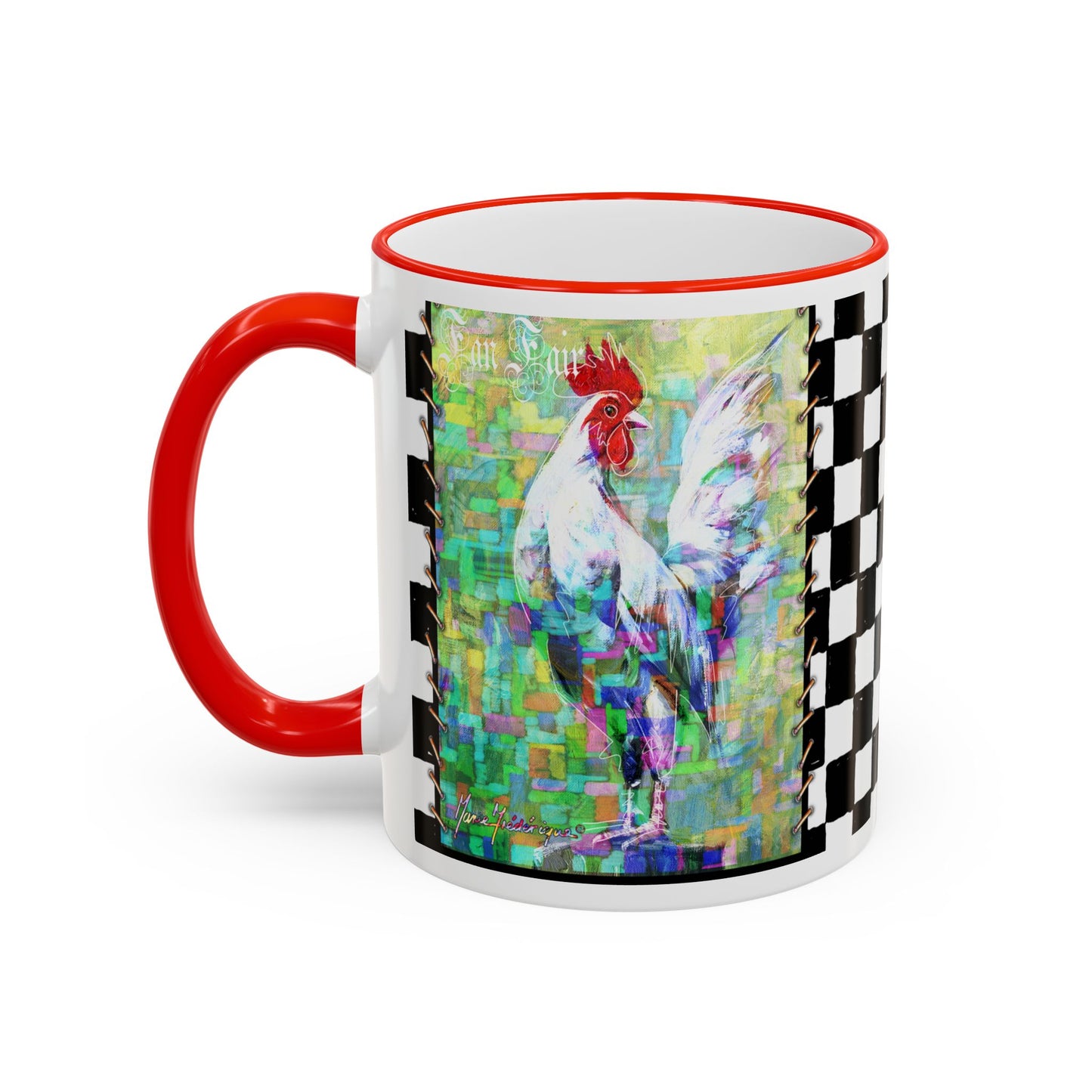 Checkerboard Chickens Accent Mug — Pedro & Fan Fair, Colorful Abstract Rooster Design (11oz, 15oz) by artist Marie Frederique