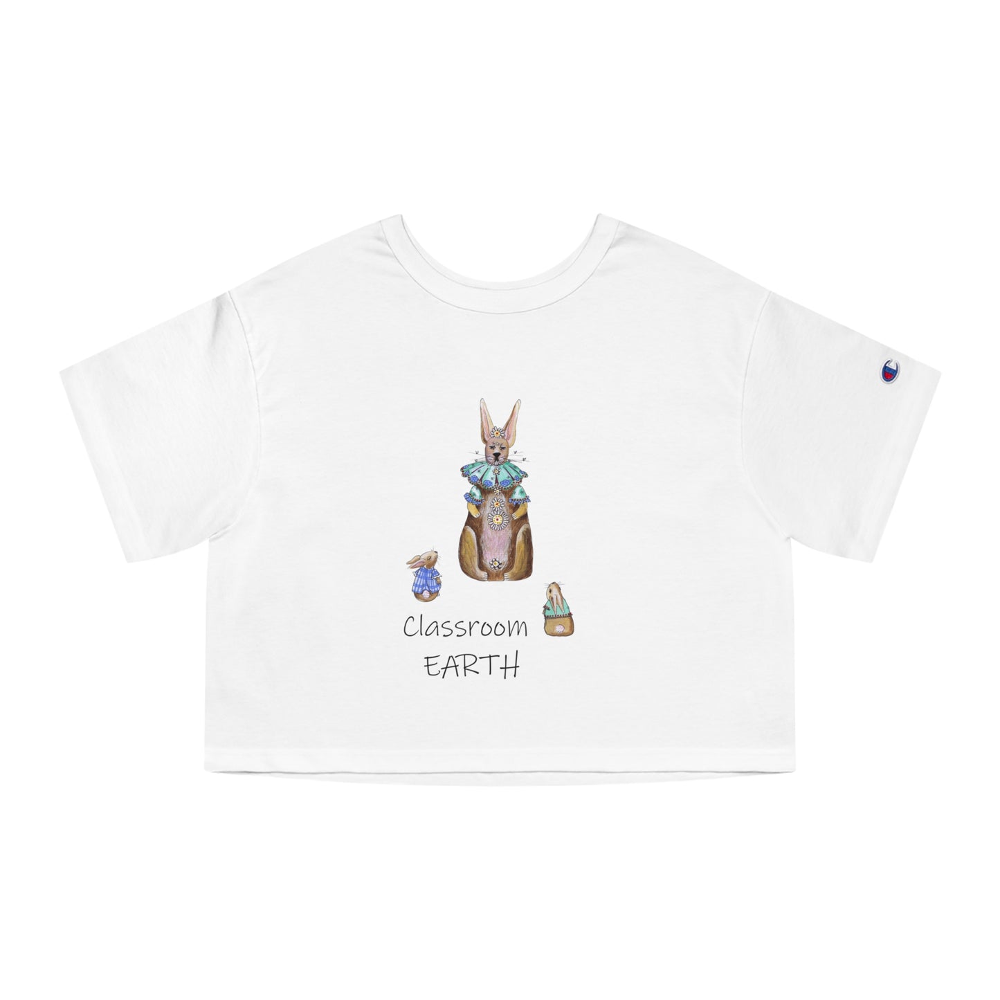 Classroom Earth - Teacher Rabbit and 2 students, 100% Cotton Cropped T-Shirt by artist Marie Frederique