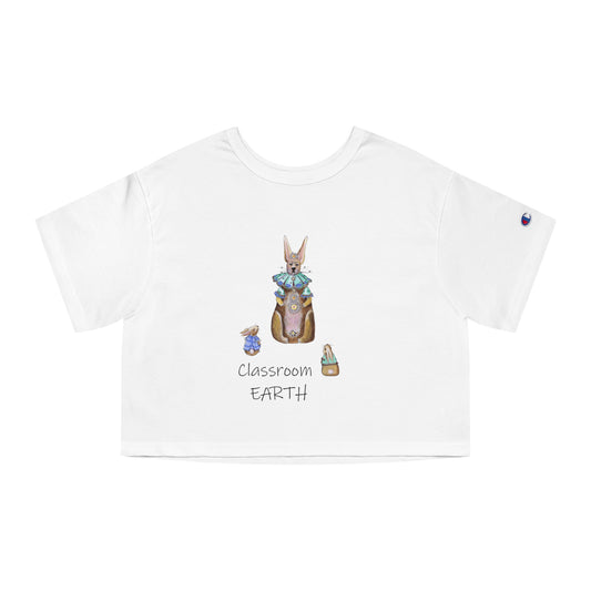 Classroom Earth - Teacher Rabbit and 2 students, 100% Cotton Cropped T-Shirt by artist Marie Frederique