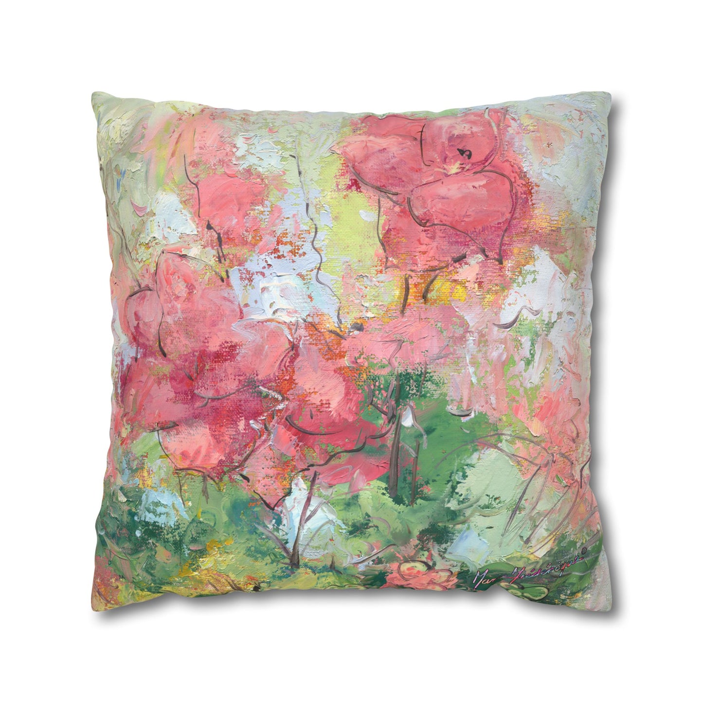 Floral Watercolor 2, Faux Suede Pillowcase — Pink Garden Square Throw Pillow Cover by artist Marie Frederique