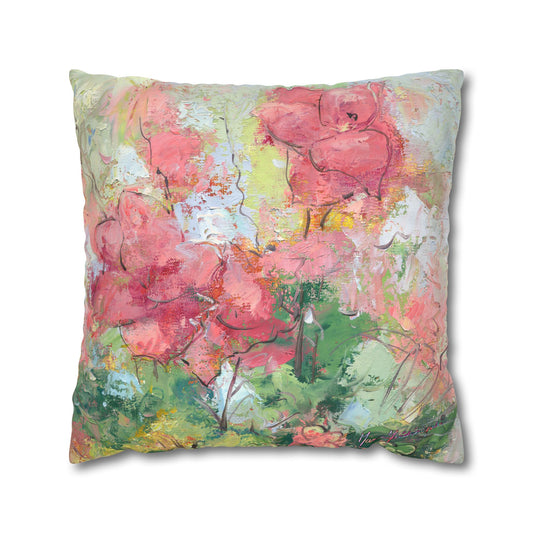 Floral Watercolor 2, Faux Suede Pillowcase — Pink Garden Square Throw Pillow Cover by artist Marie Frederique