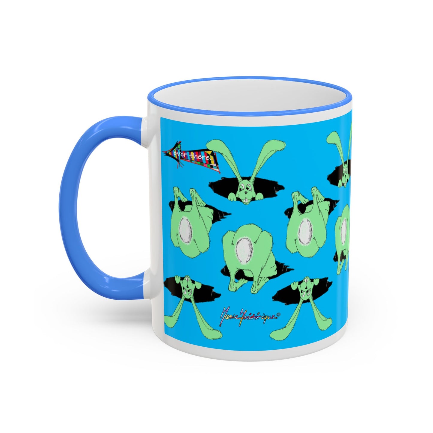 Where is Alice? Playful Green Bunny Pattern Accent Rim Mug (11oz & 15oz) by artist Marie Frederique
