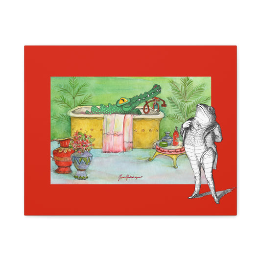 Funny Alligator Bath Canvas Wall Art — Whimsical Animal Bathroom Decor by artist Marie Frederique