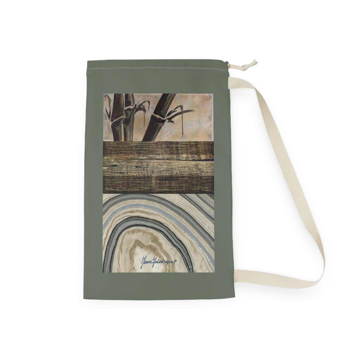 Elegant Designer Laundry Bag - Rustic Bamboo & Agate Print Drawstring Hamper by artist Marie Frederique