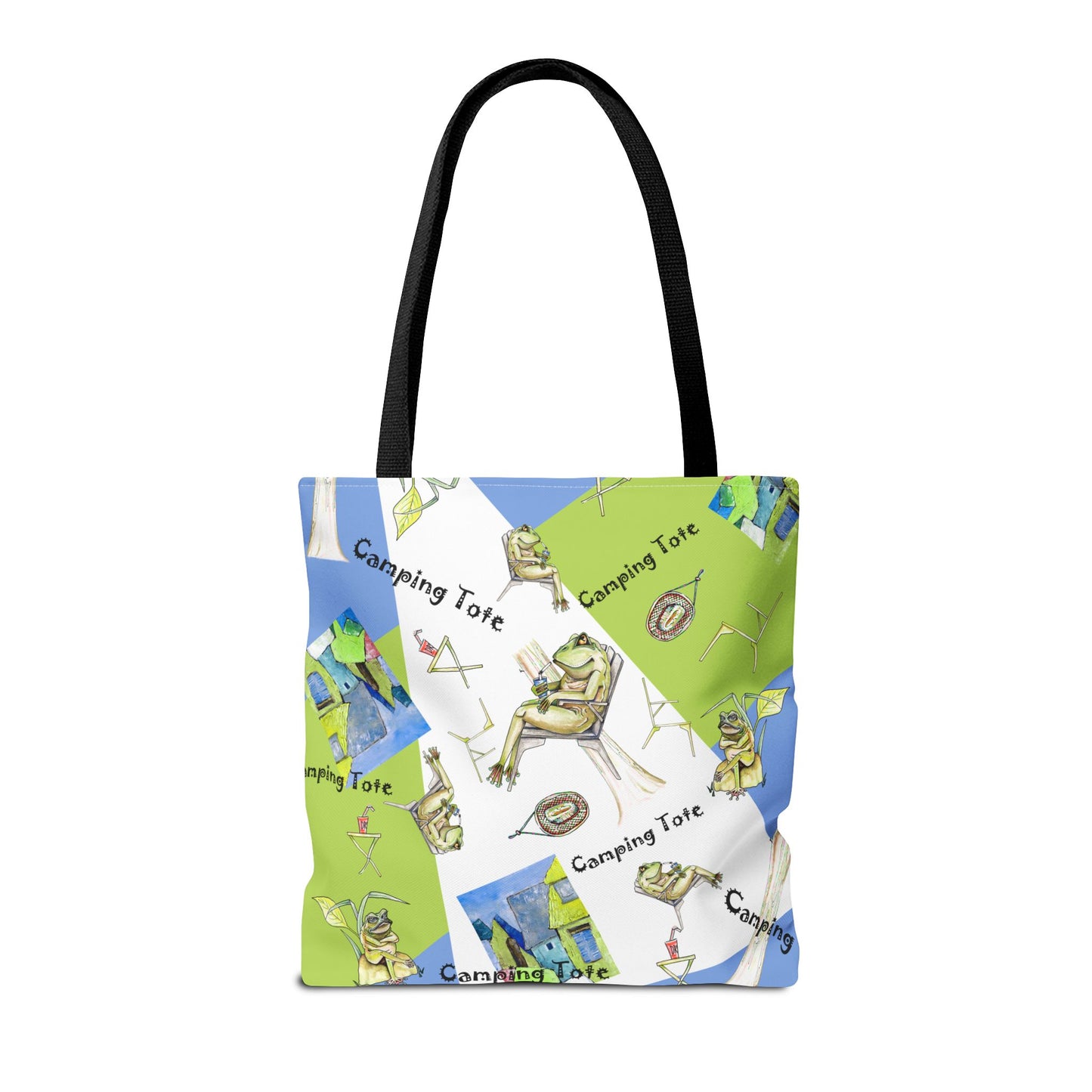Camp Frog Adventure Tote Bag by artist Marie Frederique