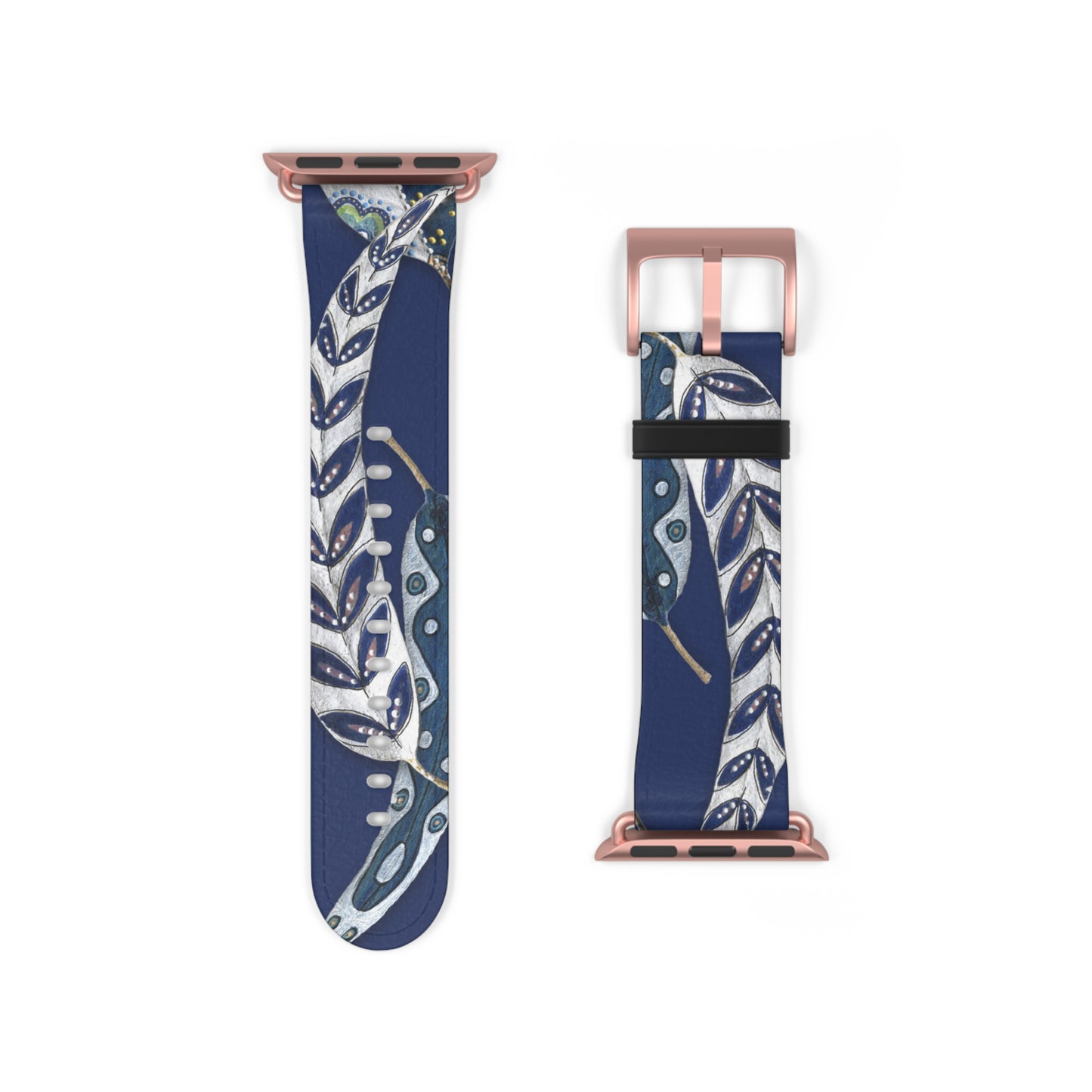 Blue Planet Series, Navy and White painted leaves on faux leather Watch Band by artist Marie Frederique