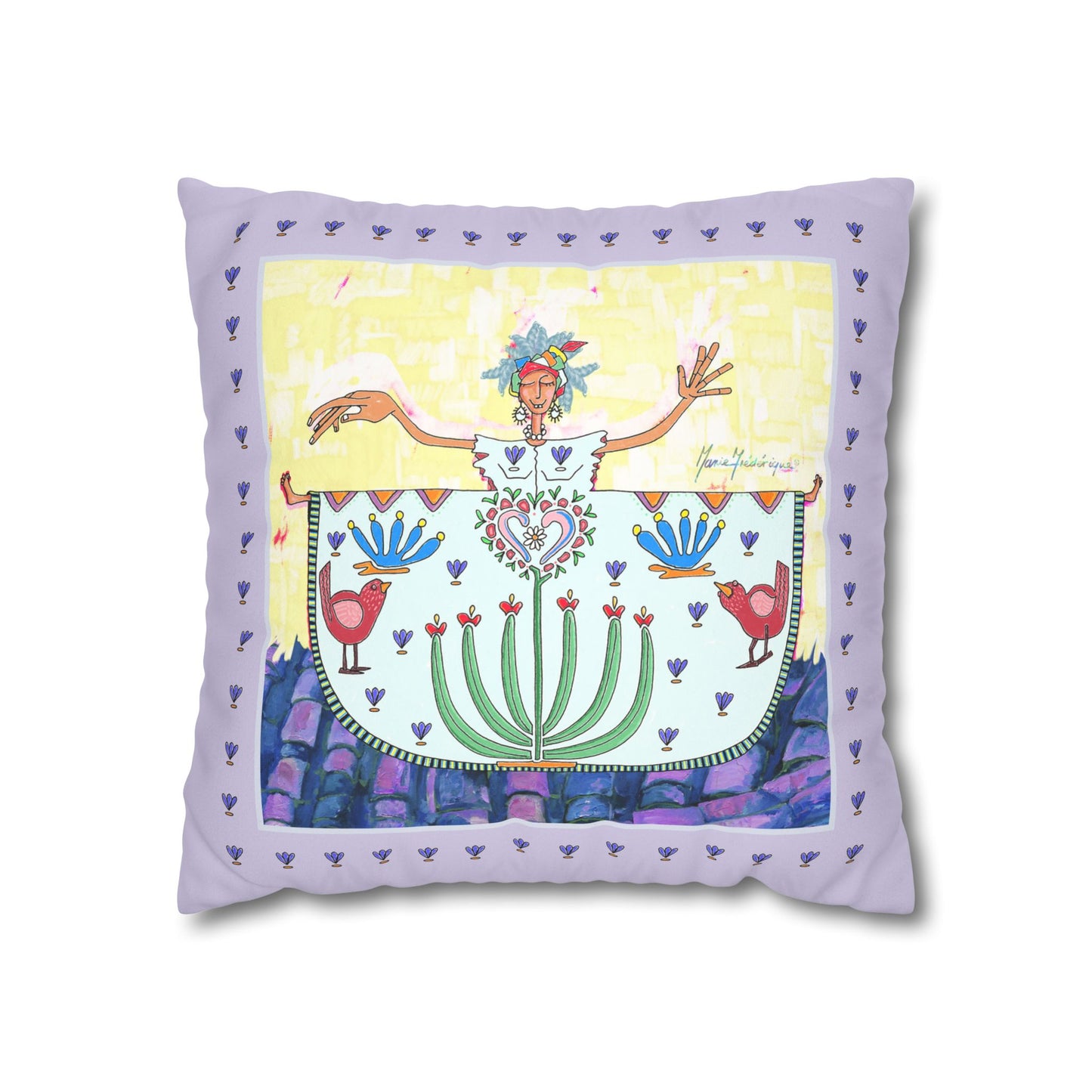 Chic Island Lavender Folk Art Pillowcase — Colorful Woman & Floral Motif Faux Suede Square Pillow by artist Marie Frederique