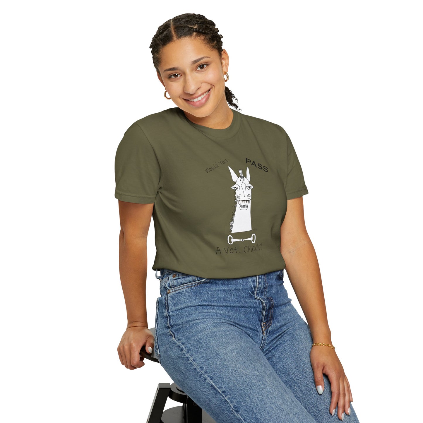 Vet Check - Whimsical horse poses the question "Would you PASS a Vet. Check?" Unisex Garment-Dyed T-shirt by artist Marie Frederique