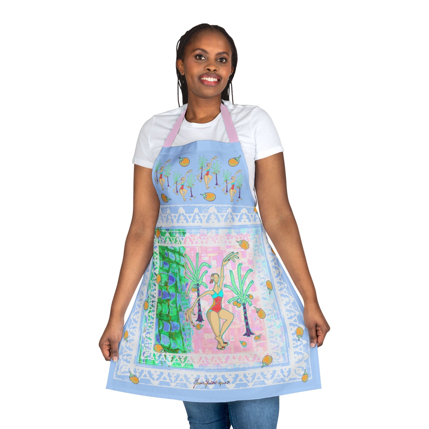Tropical Palm dancer Pattern Apron — Colorful Retro Cook & BBQ Apron by artist Marie Frederique