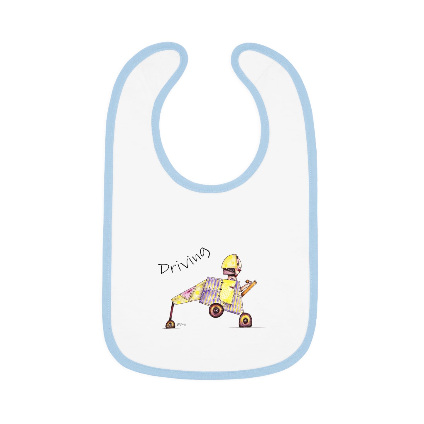 Driving - Super Cute Whimsical Designer Baby Contrast Trim Jersey Bib by artist Marie Frederique