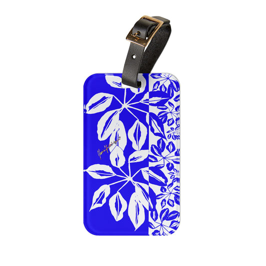 Luggage Tag with leather strap, Tropical Leaves Blue and White by artist Marie Frederique