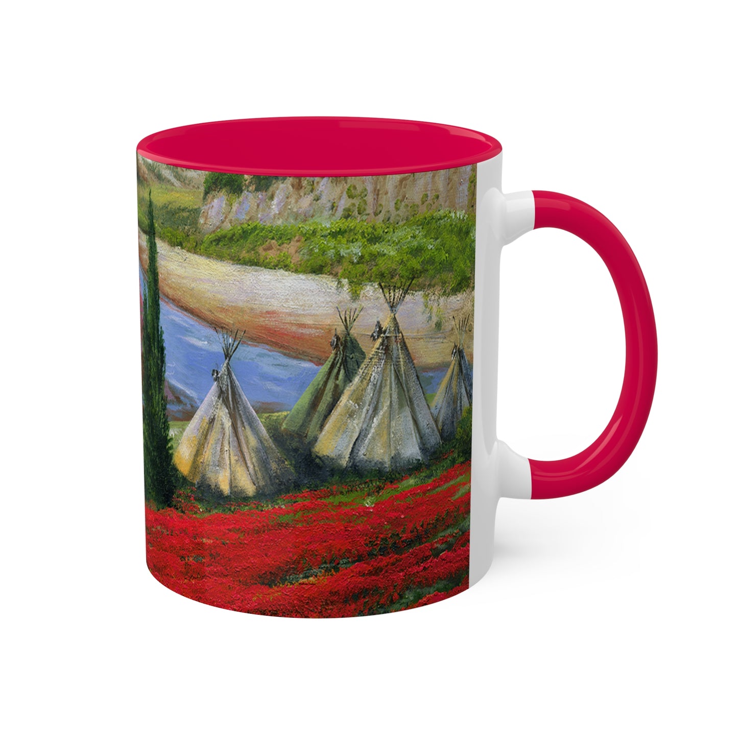 Indian Summer teepees and Poppies with a backdrop of canyons in 4 colors, red, black, yellow and light green - Colorful Mug, 11oz By Artist Marie Frederique