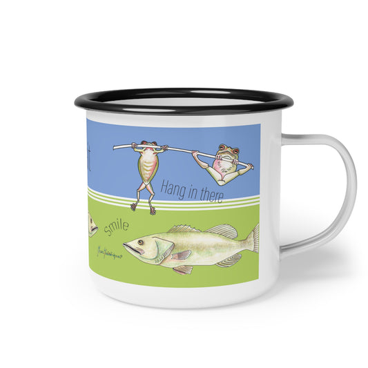 Hang in there, Fishing & Frog lovers metal mug by artist Marie Frederique
