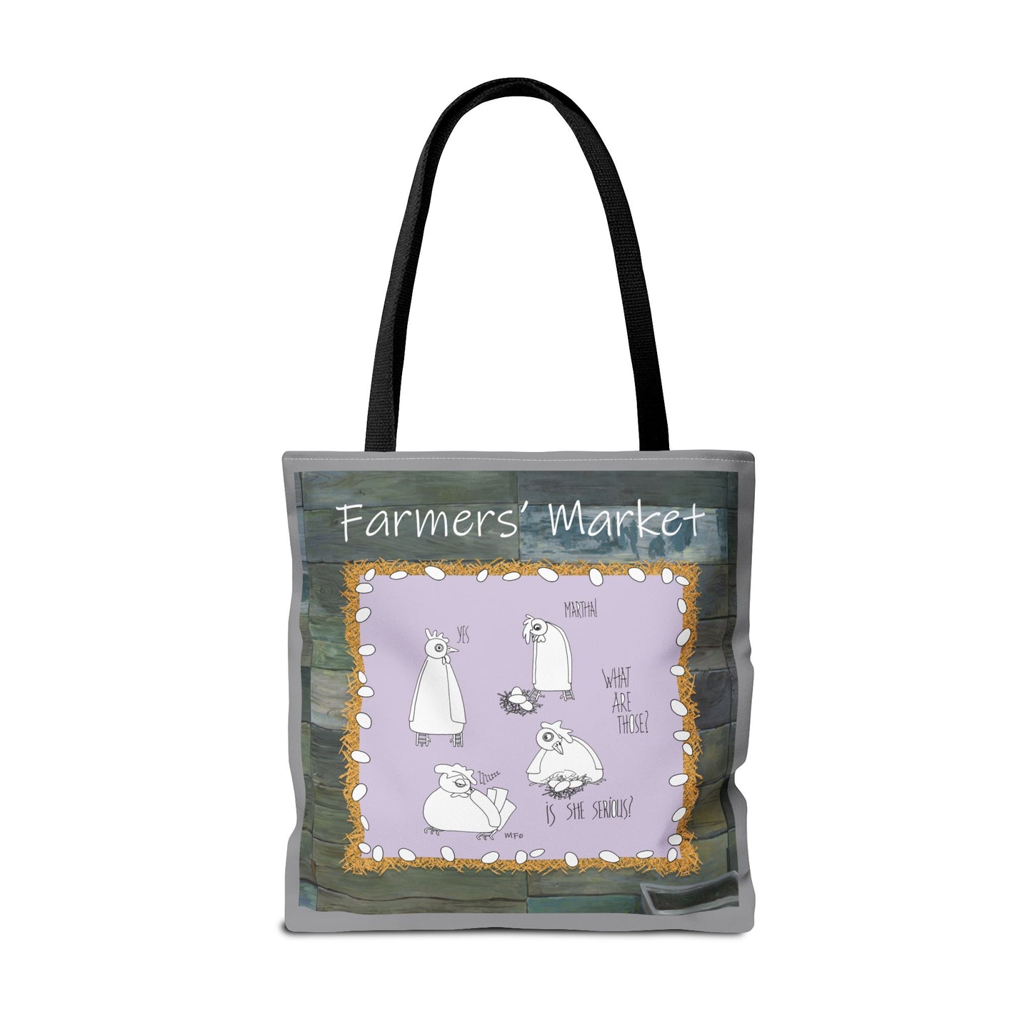 Farmers' Market Funny Chicken Tote Bag - Quirky Design with Chickens & Humor by artist Marie Frederique